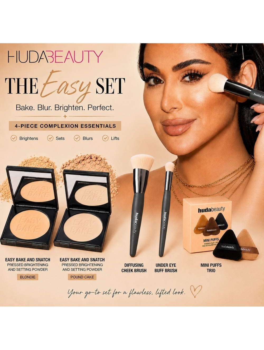 HUDA Beauty 2 Easy Bake&Snatch Powders + 2 Brushes & Puff Set -NEW $141 RETAIL!